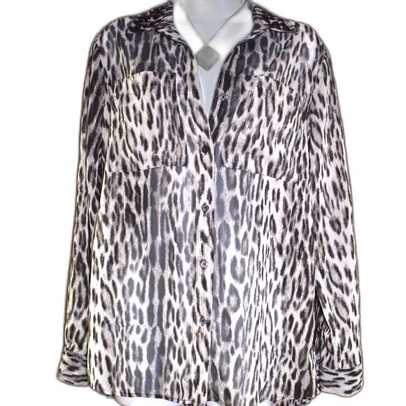 Michael Kors Animal Print Blouse Sz S Semi Sheer Studded Collar Shimmery Chic - Picture 1 of 8